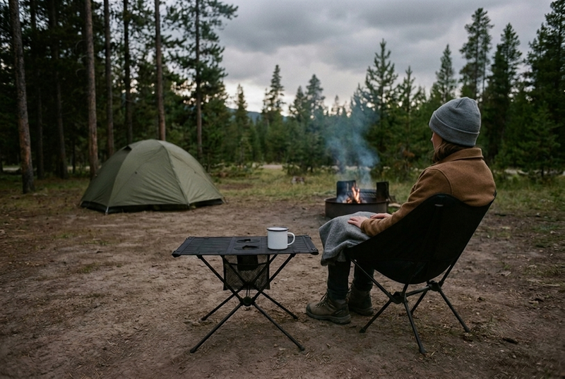 A camper in a gray beanie, seen from behind, sitting in a black folding camp chair and watching a small fire in a steel fire ring, beside a black folding camp table with an enamel mug, at a campsite among pines at dusk with a green dome tent to the left.