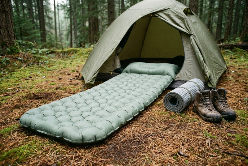 A sage-green inflatable sleeping pad in front of an open tent on the forest floor, next to a rolled foam mat and a pair of hiking boots.