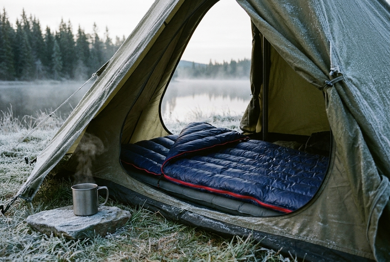 A navy-blue down sleeping bag inside an open tent on a frosty morning, with a steaming mug on a stone and a misty lake behind.