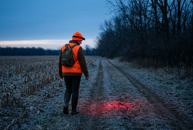 A hunter in a blaze orange vest and beanie, seen from behind, walking a frosty farm track between a cut cornfield and a tree line before sunrise, with a red headlamp lighting the ground ahead.