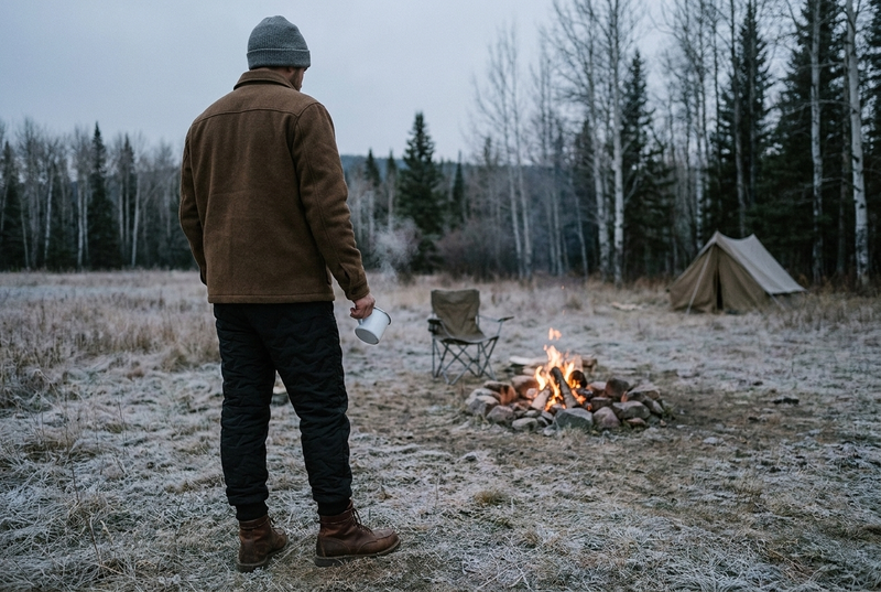 A camper in black quilted winter pants, a brown wool jacket and a gray beanie, seen from behind, standing a few steps back from a small campfire at a frosty campsite at dusk, with a camp chair by the fire and a tent at the tree line.