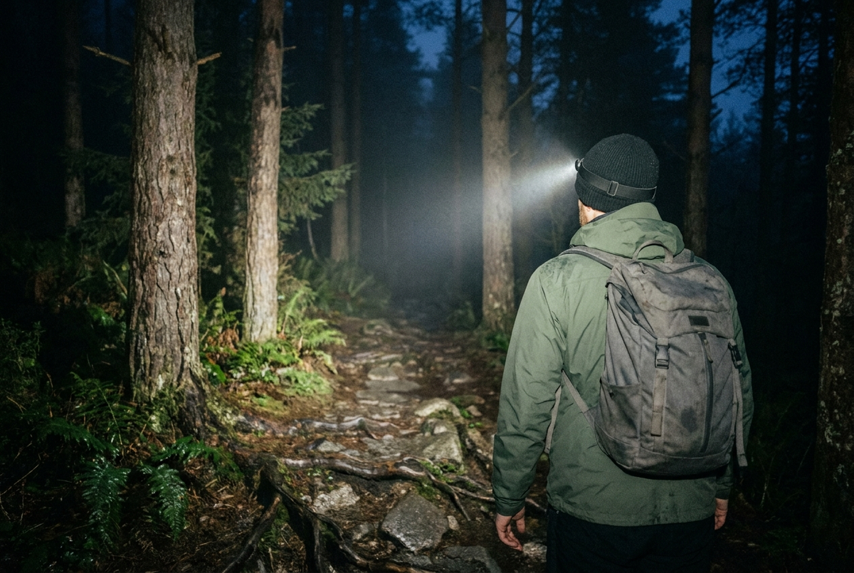 A hiker seen from behind on a forest trail at night, the white beam of a headlamp lighting the mist and the rocky path ahead.