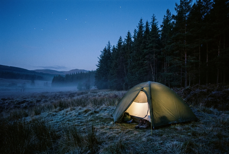 A small tent glowing from inside on a frosty meadow at dusk, beside a pine forest, with mist in the valley behind.