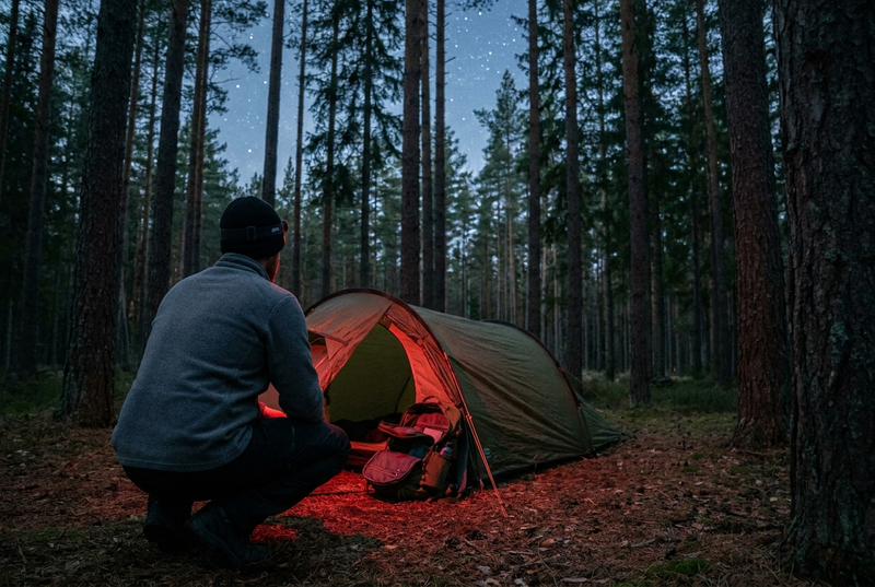 A camper seen from behind, crouching in front of a tent in a pine forest at night, with a red headlamp lighting the tent door and a backpack.