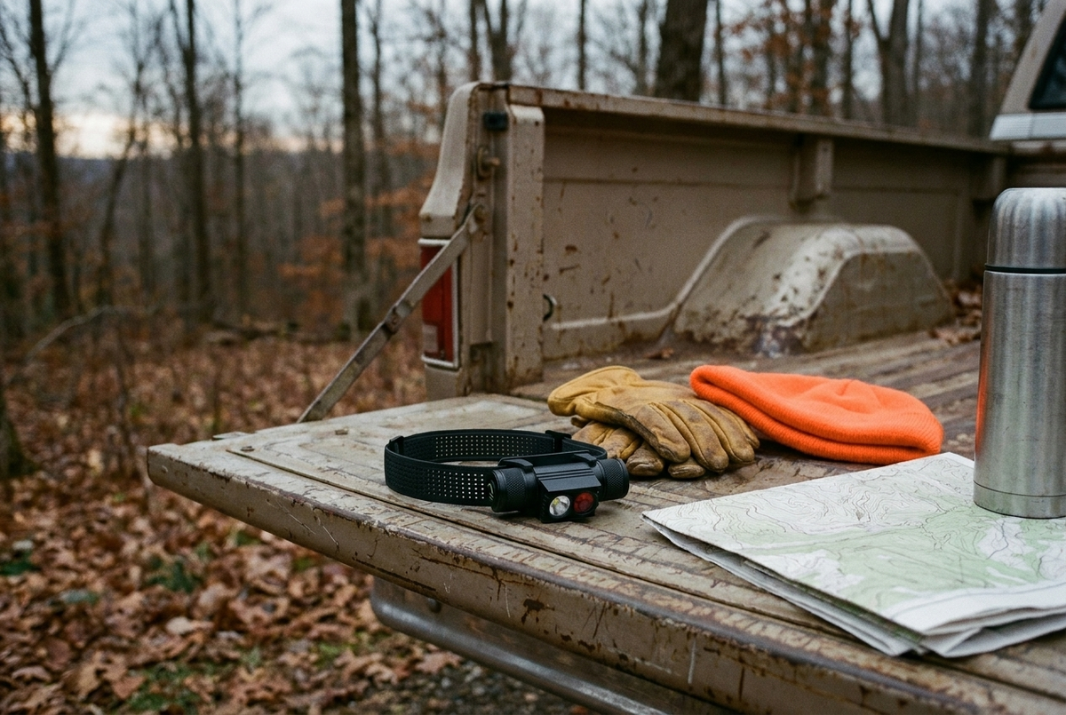 A black headlamp with one white and one red lens lying on the tailgate of an old pickup truck, next to leather gloves, a blaze orange beanie, a topographic map and a steel thermos.