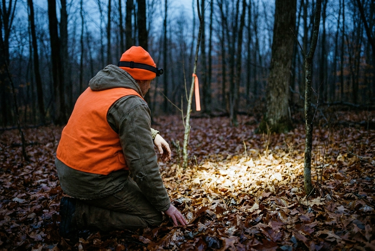A hunter in a blaze orange vest and beanie, seen from behind, kneeling on wet fallen leaves in a forest at dusk, with a headlamp lighting the ground ahead and a strip of orange flagging tape tied to a sapling.