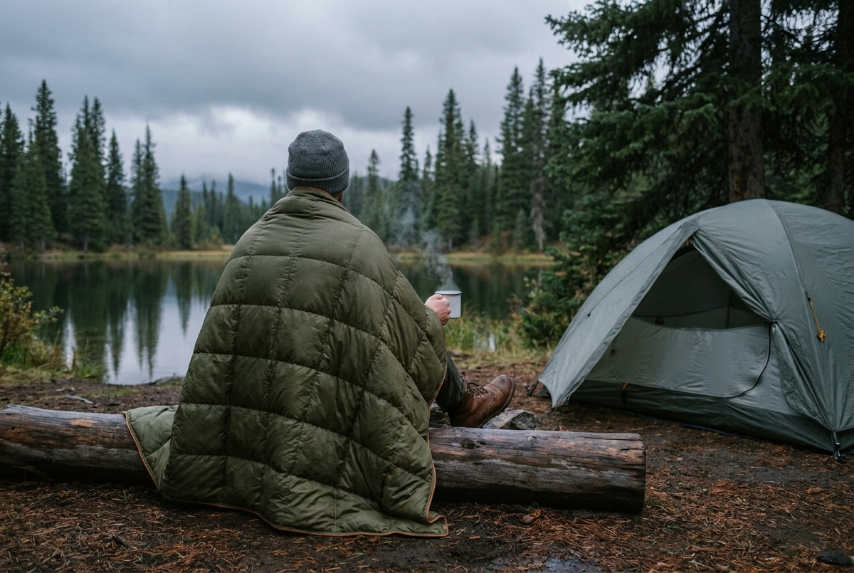 A camper seen from behind, sitting on a log beside a small tent at a forest lake under gray clouds, with a green quilted puffer blanket around the shoulders and a steaming mug in one hand.