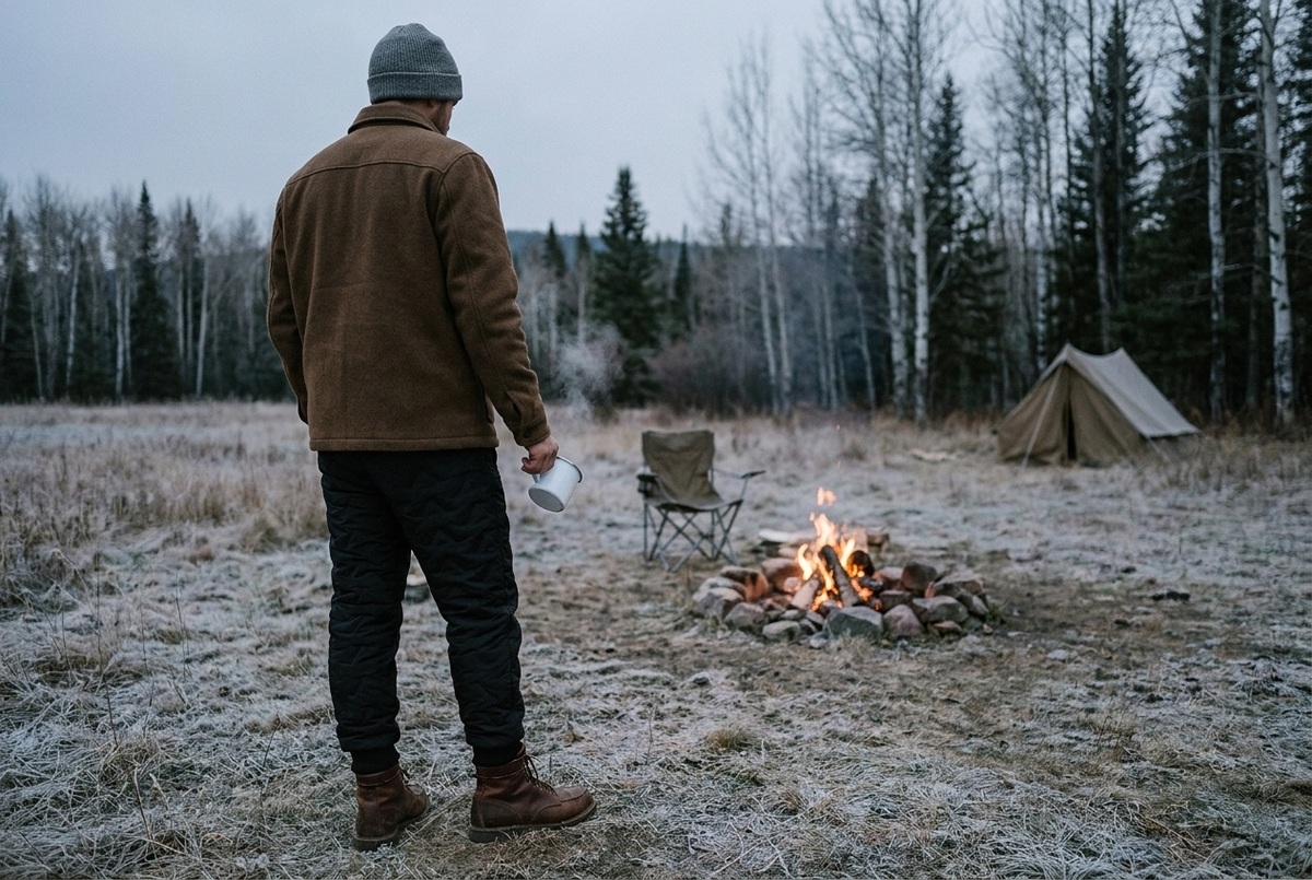 A camper in black quilted winter pants, a brown wool jacket and a gray beanie, seen from behind, standing a few steps back from a small campfire at a frosty campsite at dusk, with a camp chair by the fire and a tent at the tree line.