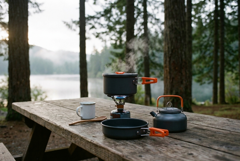 A dark gray aluminum camping pot with an orange handle steaming on a small canister stove on a weathered picnic table, with a matching frying pan and kettle, an enamel mug and a wooden spoon, and a misty forest lake behind.