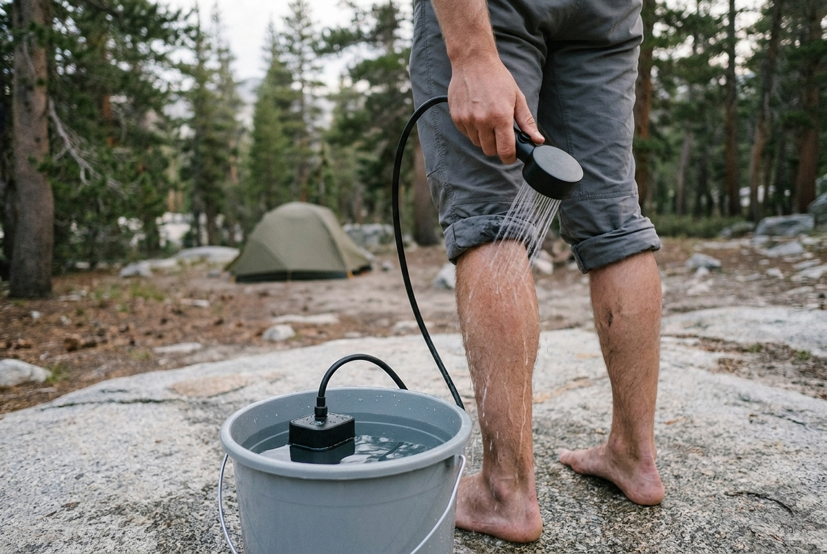 A camper seen from the waist down, barefoot on a granite slab at a forest campsite, rinsing a leg with a black handheld shower head whose hose runs to a pump standing in a gray bucket of water, with a tent among pines behind.
