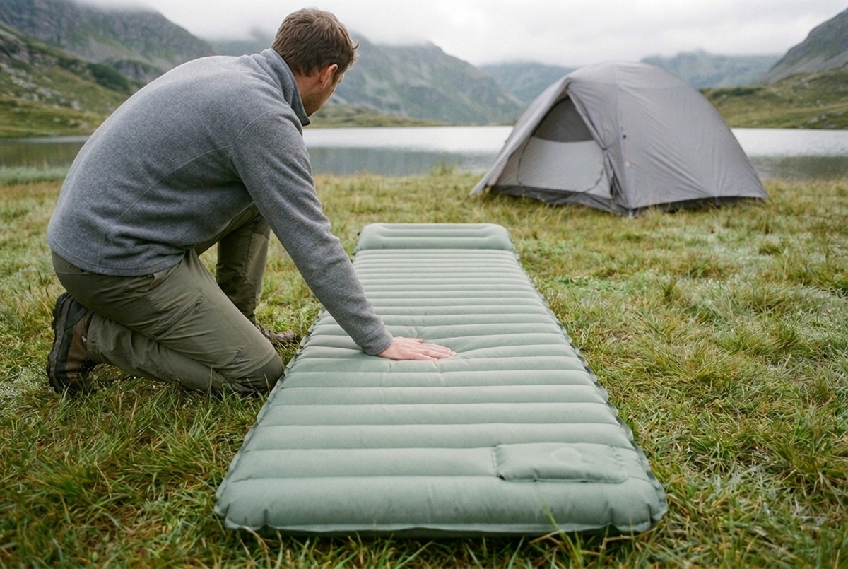 A camper kneeling beside a green inflatable sleeping pad with air channels running across it, pressing one hand into the pad on dewy grass, with a gray tent and a mountain lake behind.