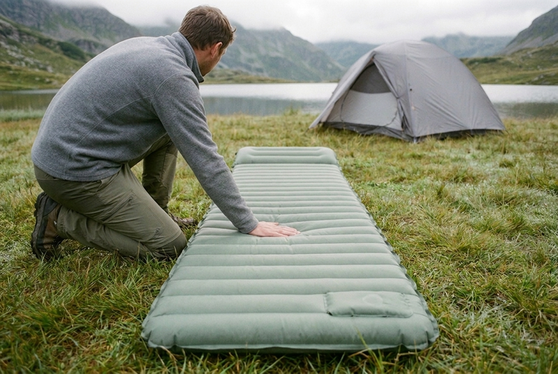 A camper kneeling beside a green inflatable sleeping pad with air channels running across it, pressing one hand into the pad on dewy grass, with a gray tent and a mountain lake behind.