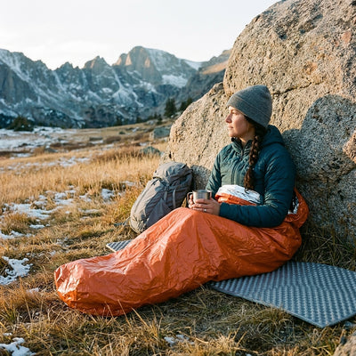 Hiker sitting against a granite boulder in an orange emergency bivvy sack at dusk, with a foam pad underneath and mountains behind