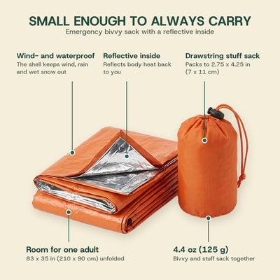 Emergency bivvy features: wind- and waterproof shell, reflective inside, drawstring stuff sack, room for one adult, 4.4 oz (125 g)
