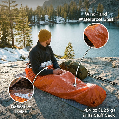 Man in an orange emergency bivvy sack beside a mountain lake, with close-ups of the reflective inside and rain beading on the shell. 4.4 oz (125 g)