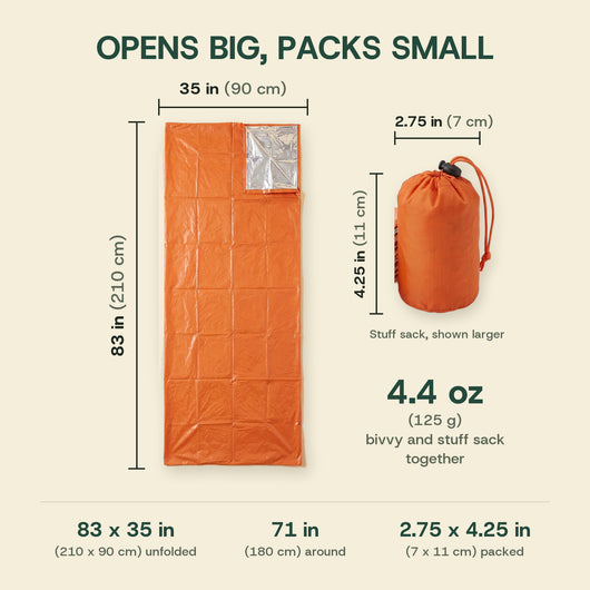 Emergency bivvy size and weight: 83 x 35 in (210 x 90 cm) unfolded, stuff sack 2.75 x 4.25 in (7 x 11 cm), 4.4 oz (125 g)