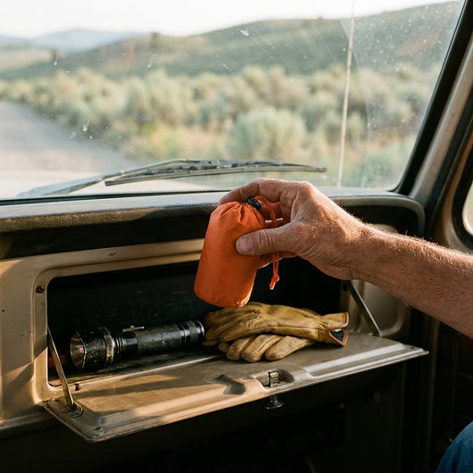 Hand placing the small orange stuff sack in a truck glove box next to a flashlight and work gloves