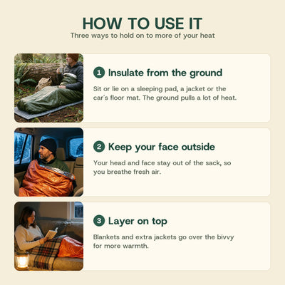 How to use the emergency bivvy: insulate from the ground, keep your face outside, layer blankets on top