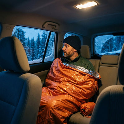 Man in the back seat of a car on a snowy road, wrapped in an orange emergency bivvy sack and looking out the window