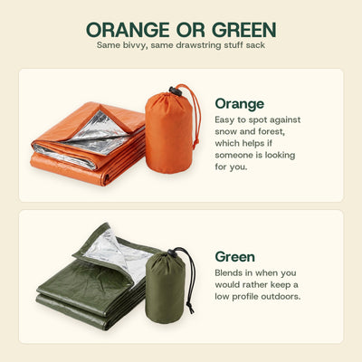 Emergency bivvy sack in orange and in green, each with its drawstring stuff sack