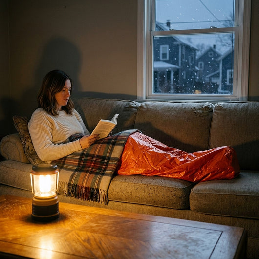 Woman reading on a couch by lantern light during a winter power outage, a plaid blanket laid over her orange emergency bivvy sack