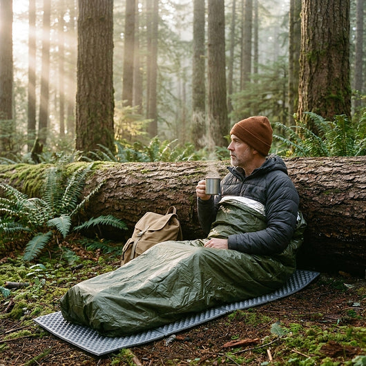 Man in a green emergency bivvy sack sitting on a foam pad against a fallen log in a mossy forest, holding a steaming mug