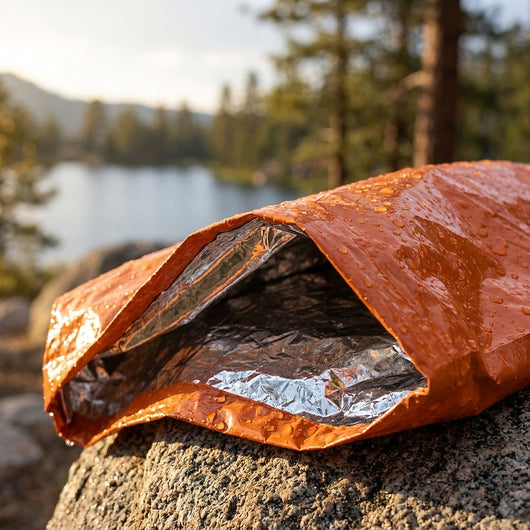 Raindrops beading on the orange shell of the emergency bivvy sack, with the silver reflective inside visible in the opening