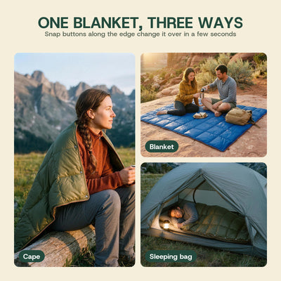 One blanket, three ways: worn as a cape, spread out as a picnic blanket and snapped into a sleeping bag