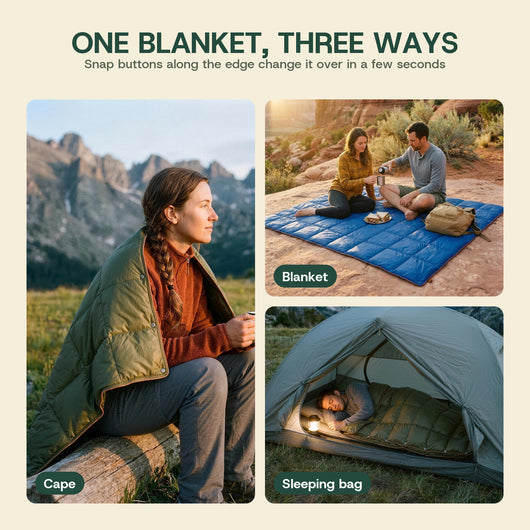 One blanket, three ways: worn as a cape, spread out as a picnic blanket and snapped into a sleeping bag
