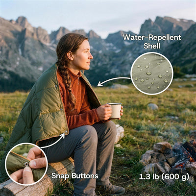 Woman by a campfire in an alpine meadow wearing the puffer blanket as a cape, with close-ups of the snap buttons and the water-repellent shell. 1.3 lb (600 g)