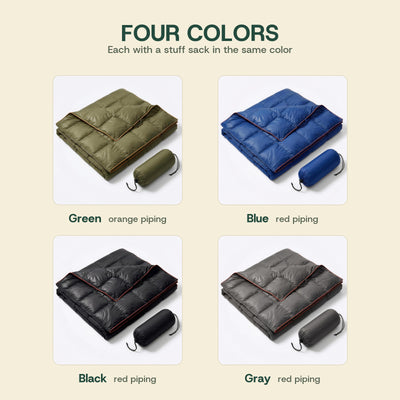 Puffer blanket in four colors: Green, Blue, Black and Gray, each with a matching stuff sack
