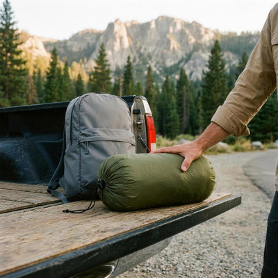 Green puffer blanket packed in its drawstring stuff sack on a truck tailgate next to a daypack