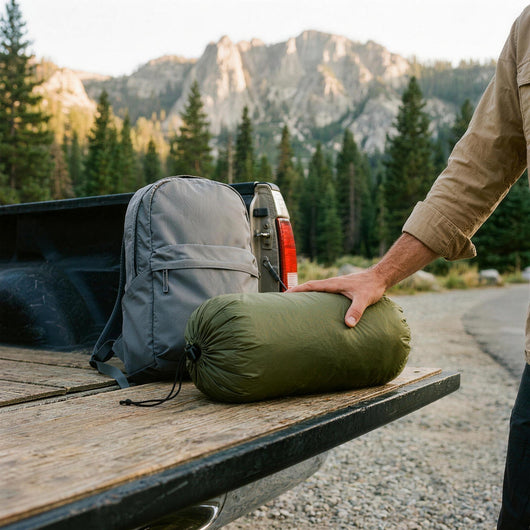 Green puffer blanket packed in its drawstring stuff sack on a truck tailgate next to a daypack