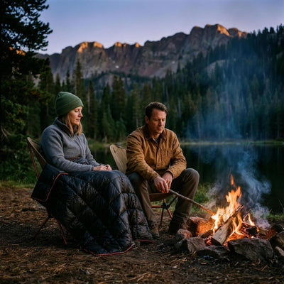 Two friends by a lakeside campfire at dusk, the black puffer blanket over her lap