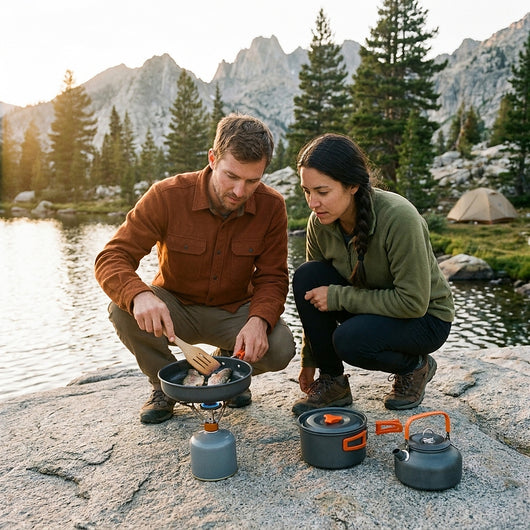 Couple frying trout in the frying pan on a small backpacking stove beside a mountain lake, the pot and kettle next to it