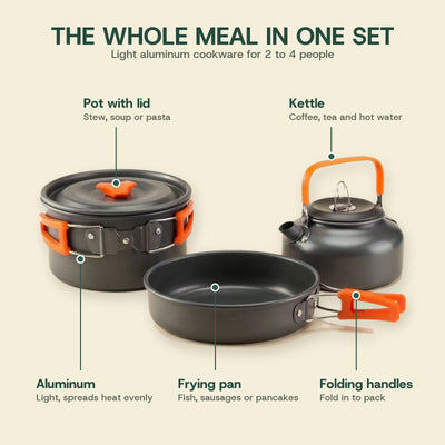 Cook set features: pot with lid, kettle, frying pan, folding handles and light aluminum that spreads heat evenly, for 2 to 4 people