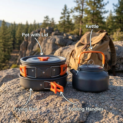 The pot with its lid stacked in the frying pan next to the kettle on a granite boulder, with labels for each piece and the folding handles