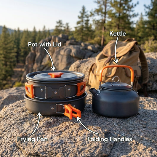 The pot with its lid stacked in the frying pan next to the kettle on a granite boulder, with labels for each piece and the folding handles