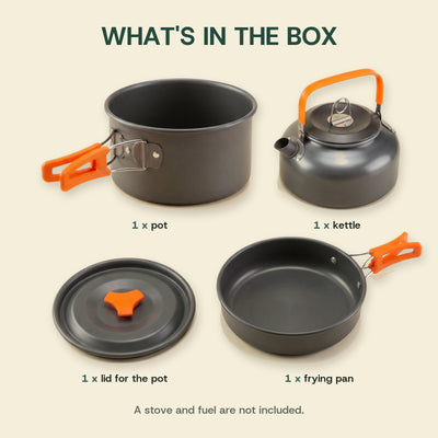 What's in the box: 1 pot, 1 lid for the pot, 1 frying pan and 1 kettle. A stove and fuel are not included