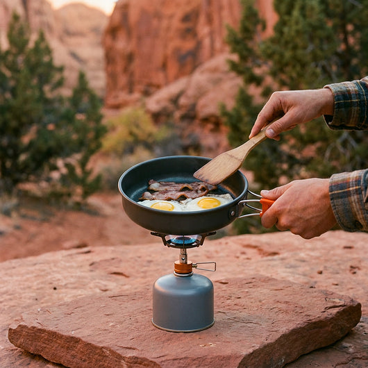 Hand holding the frying pan by its orange folding handle over a backpacking stove, frying eggs and bacon with a wooden spatula in a red-rock canyon