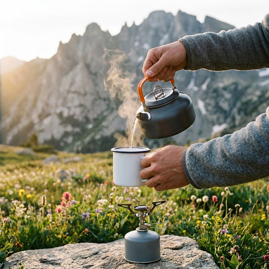 Hand pouring steaming water from the aluminum kettle into an enamel mug in an alpine meadow