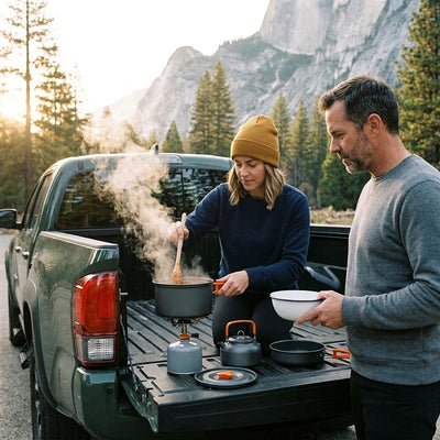 Two friends cooking chili in the pot on a camp stove on a pickup tailgate at a forest trailhead, the kettle and frying pan beside it