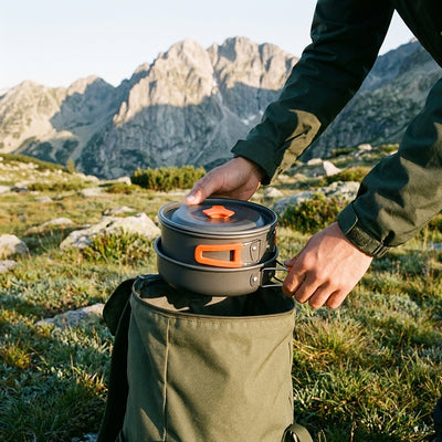 Hands lowering the packed cook set, pot nested in the frying pan, into the top of a backpack in a mountain meadow