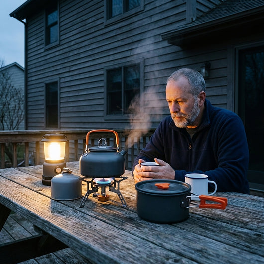Man warming his hands on a mug at a deck table at dusk while the kettle heats on a camp stove beside a lantern, the pot next to it