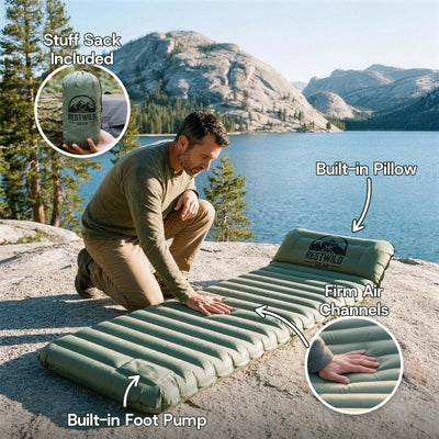 Green Mattress Pro V2 on a granite slab by a mountain lake, with labels for the built-in pillow, firm air channels, built-in foot pump and the included stuff sack