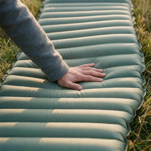 Hand pressing into the air channels of a green Mattress Pro V2 sleeping pad