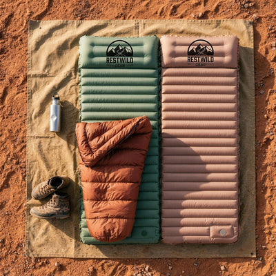 A green and a brown Mattress Pro V2 joined side by side into a double bed, seen from above