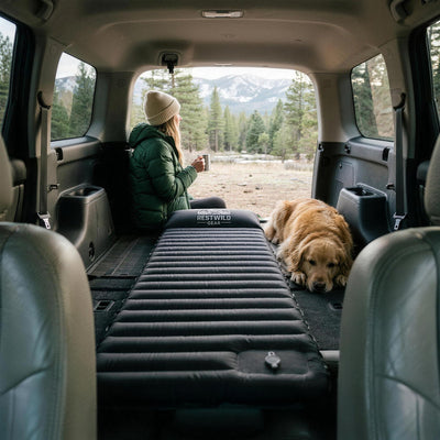 Black Mattress Pro V2 laid out in the back of an SUV with the tailgate open to a pine forest and mountains