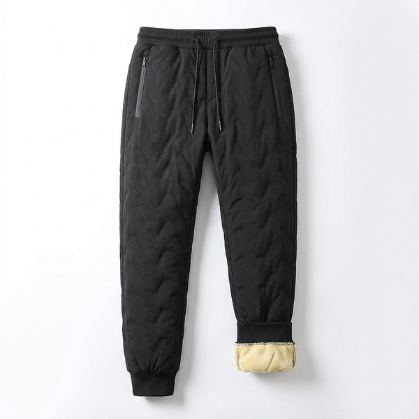 Black fleece-lined winter pants laid flat, one cuff turned up to show the cream sherpa fleece lining