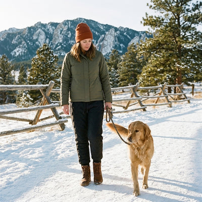 Woman in black fleece-lined winter pants walking a golden retriever on a snowy mountain trailhead path